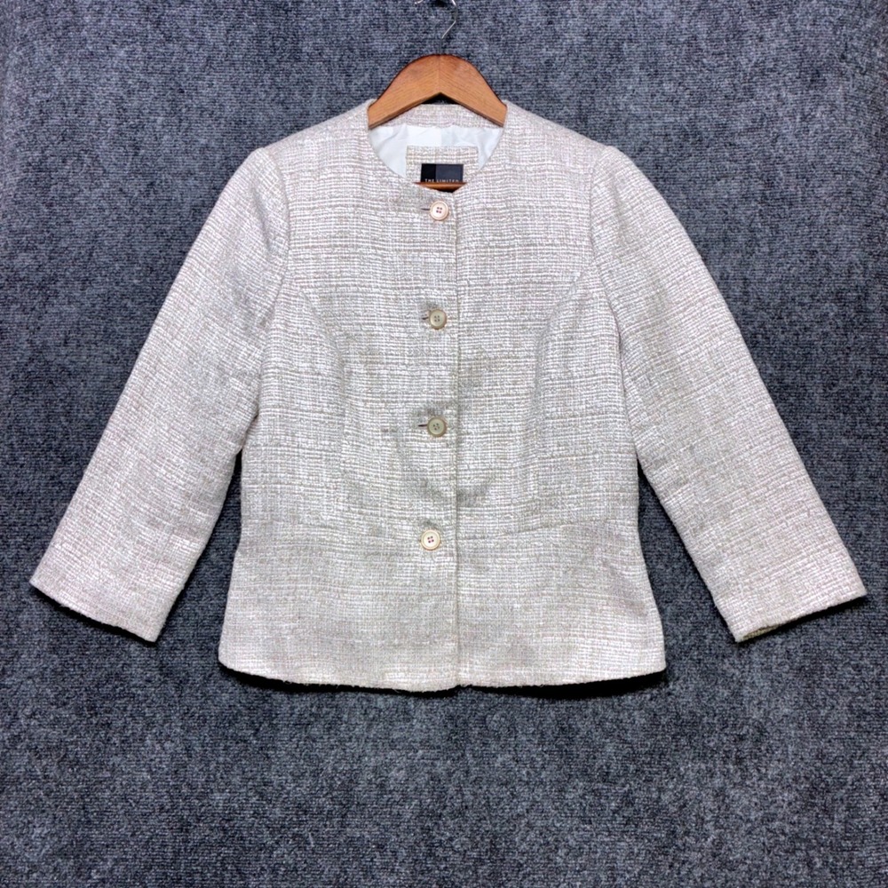 The Limited Tweed Blazer Jacket M Cream Tan Metallic Button Front Peplum